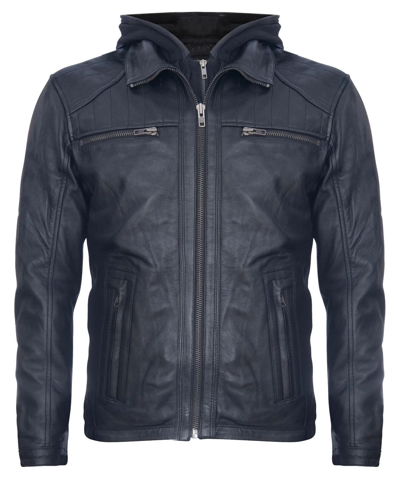 Mens Black Hooded Leather Biker Jacket-Salvador