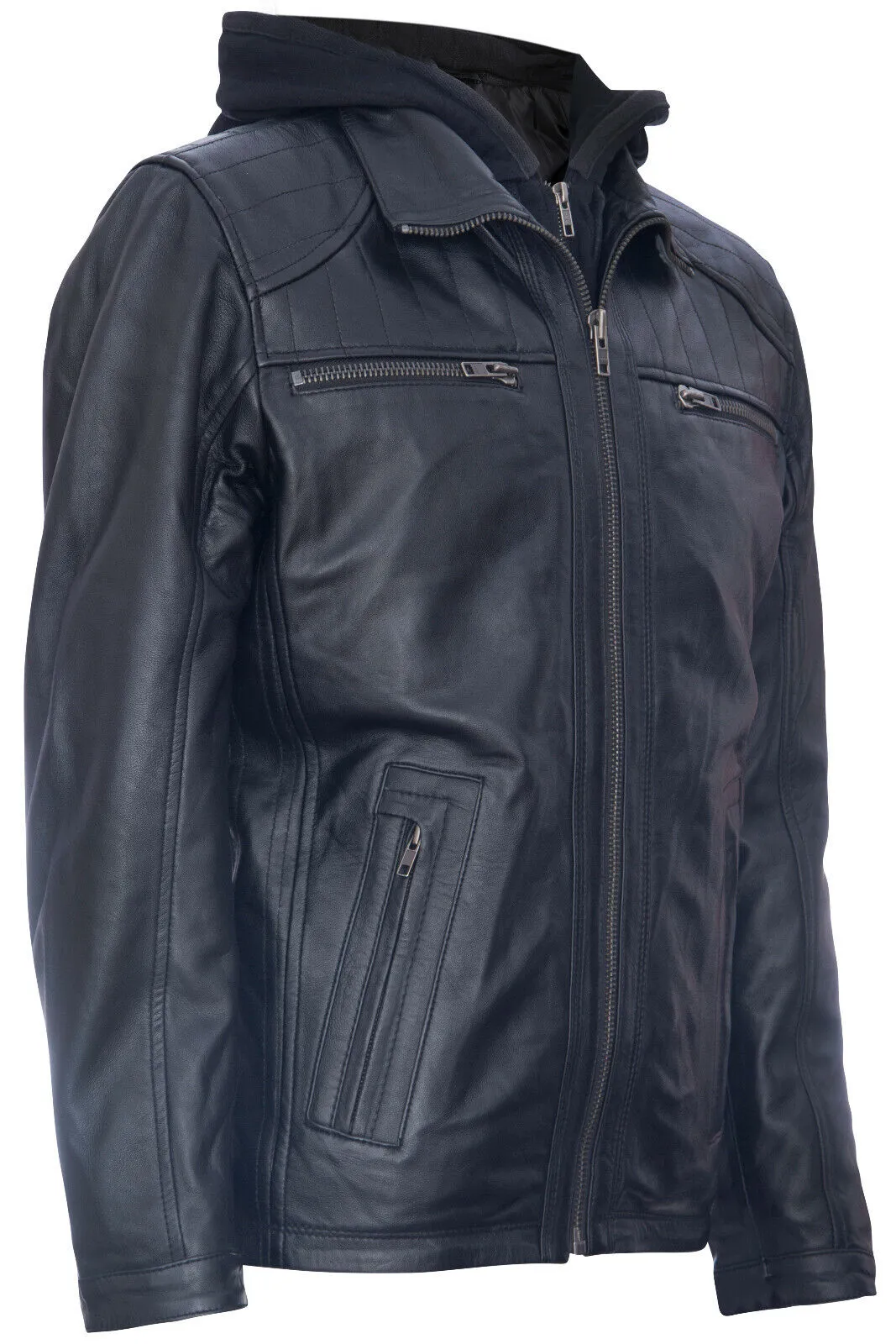 Mens Black Hooded Leather Biker Jacket-Salvador