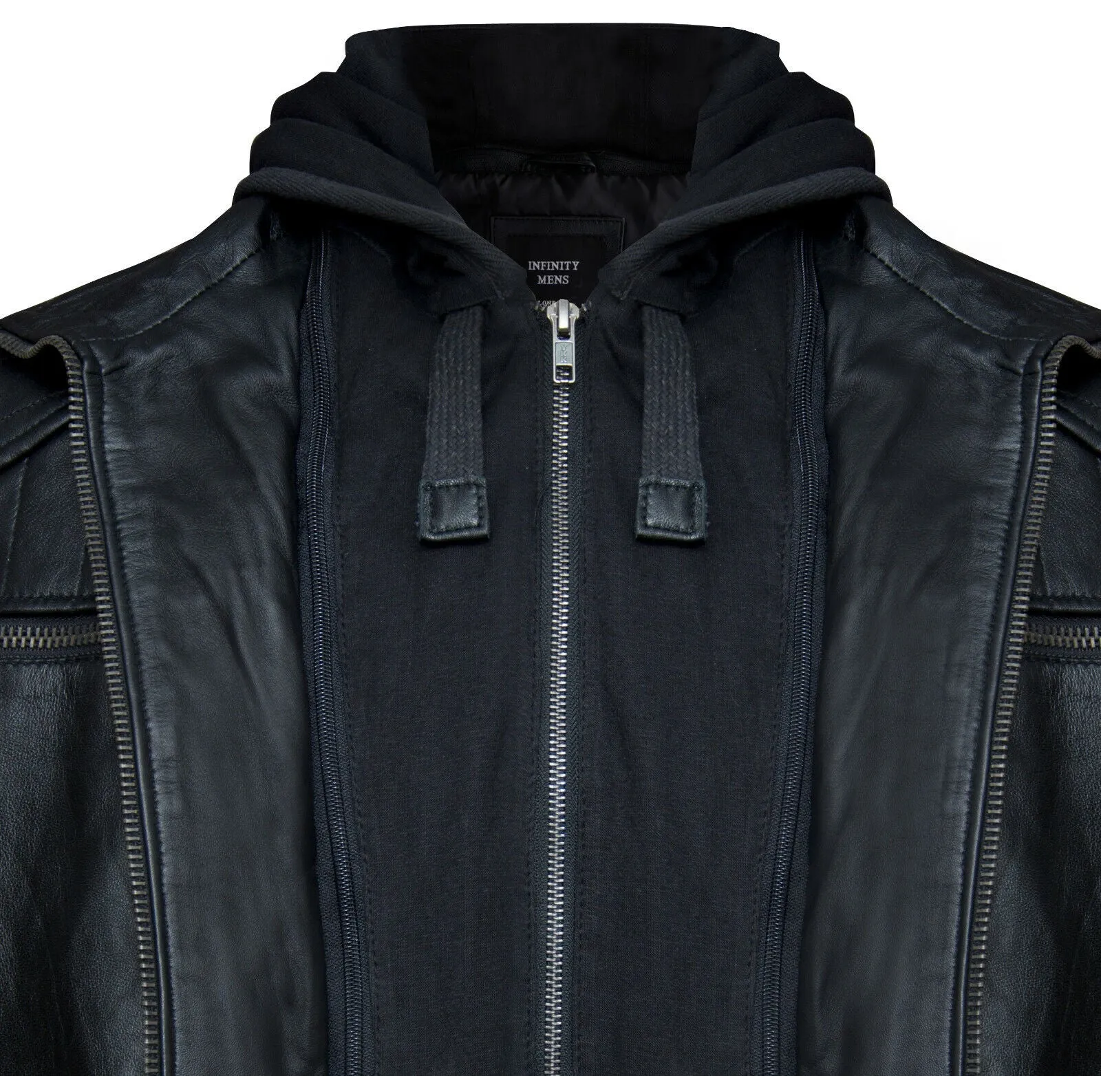 Mens Black Hooded Leather Biker Jacket-Salvador