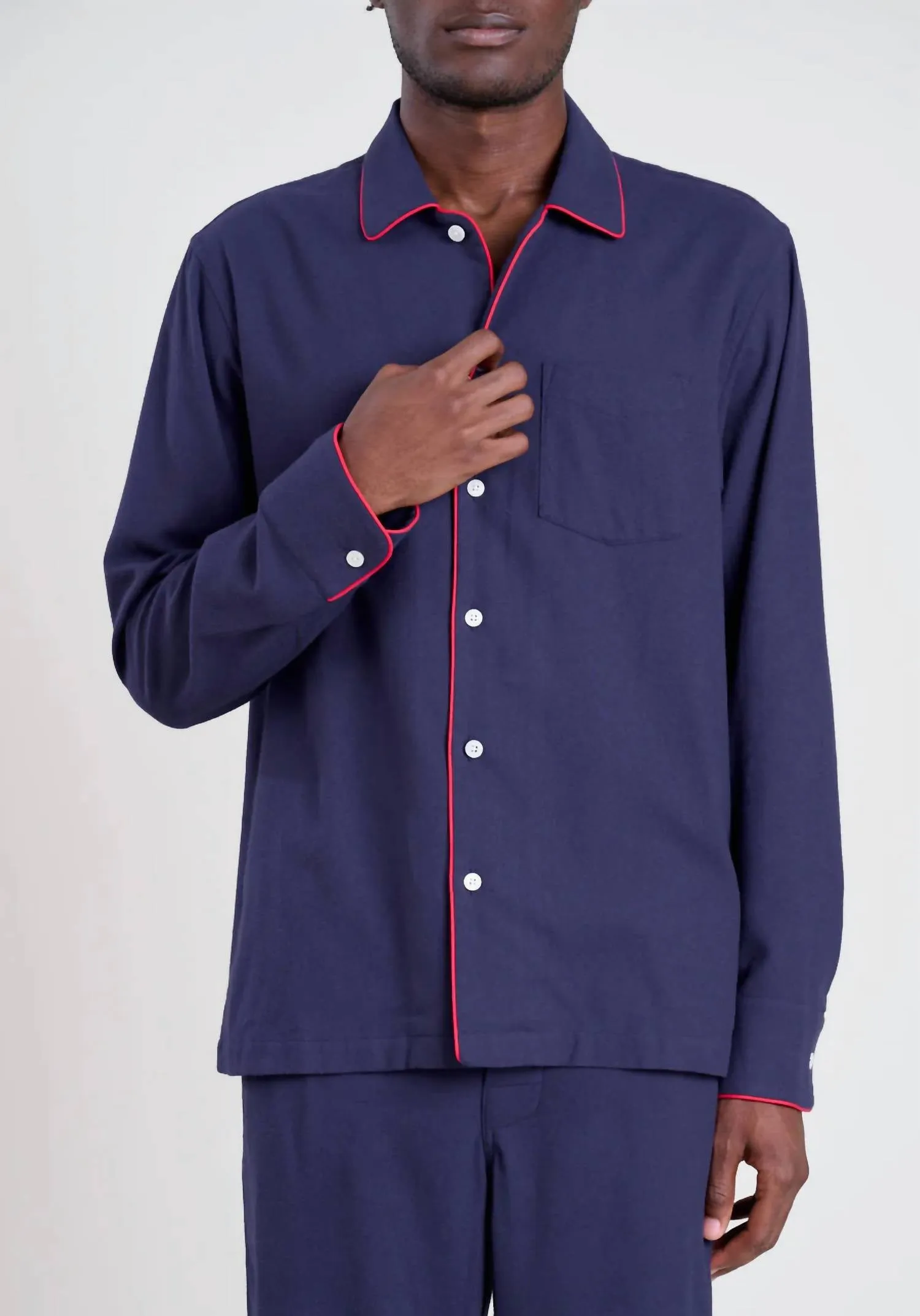 Men's Henry Pajama Set In Navy/red Piping Flannel