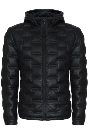 Men's Hooded Puffer Quilted Bomber Leather Jacket - BelÃm
