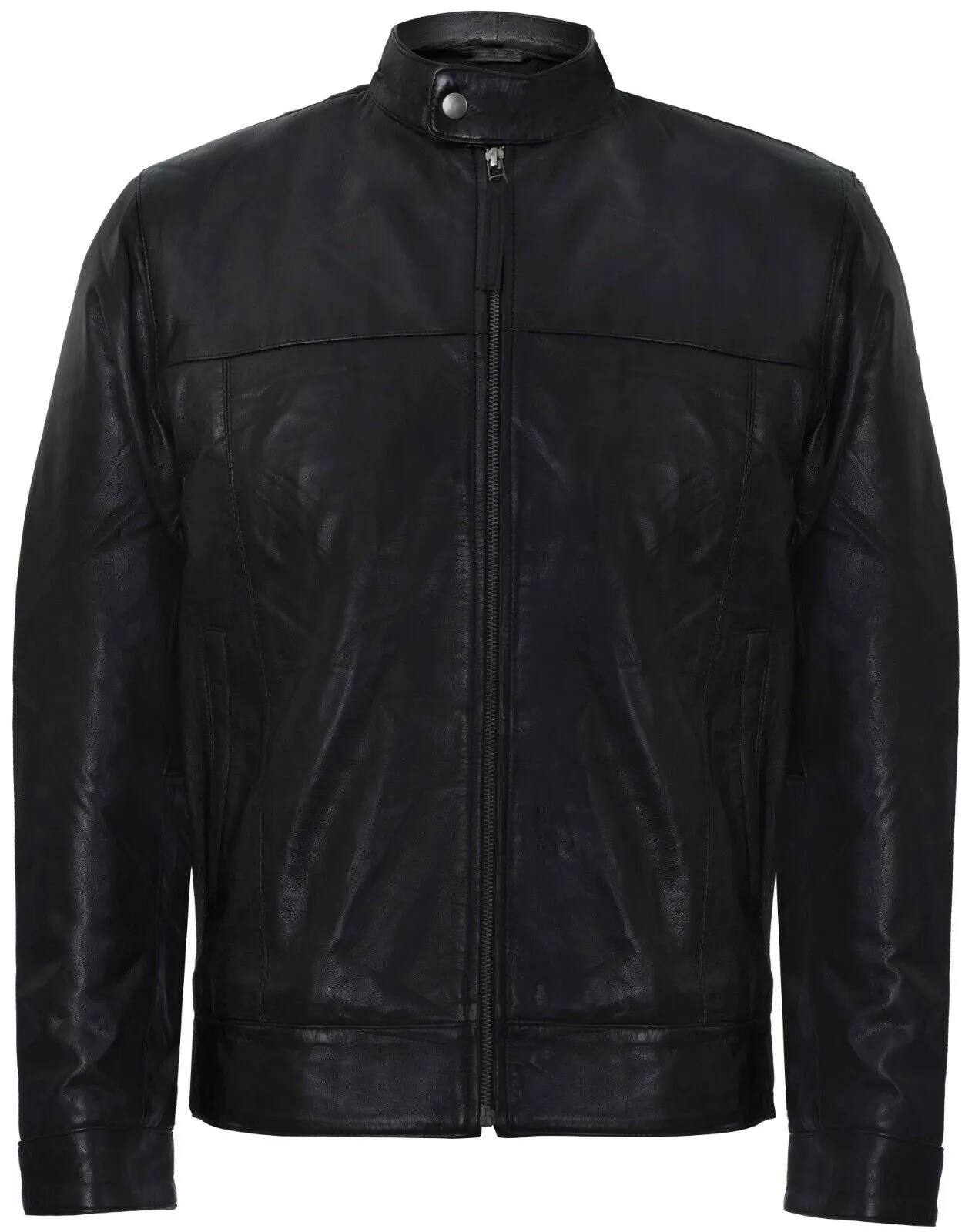 Mens Leather Mandarin Collar Black Biker Jacket