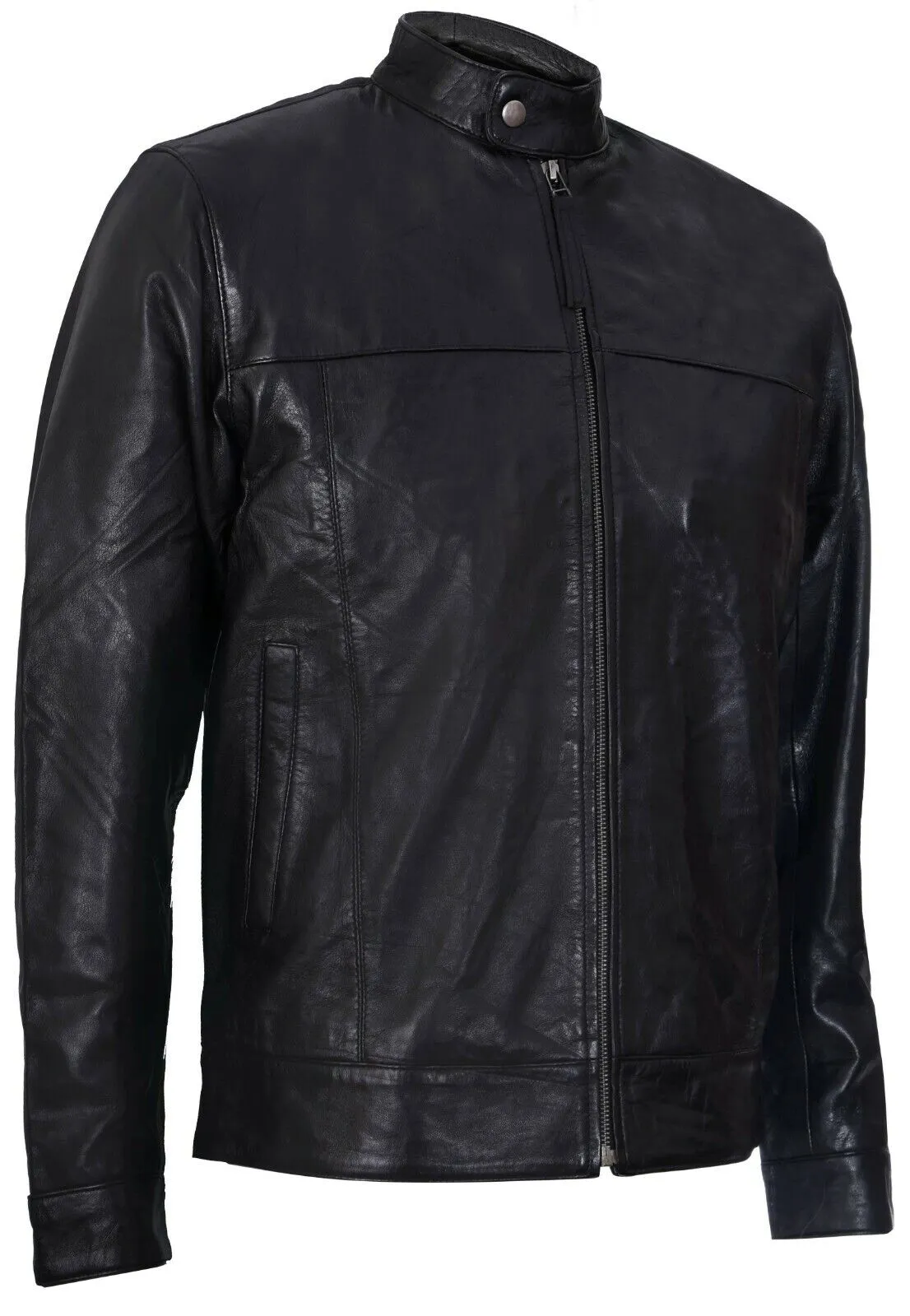 Mens Leather Mandarin Collar Black Biker Jacket
