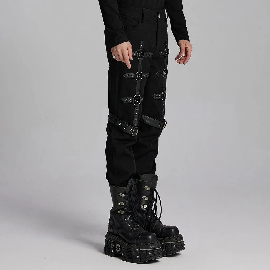 Men's Punk Buckle-up Eyelets Ring Pants