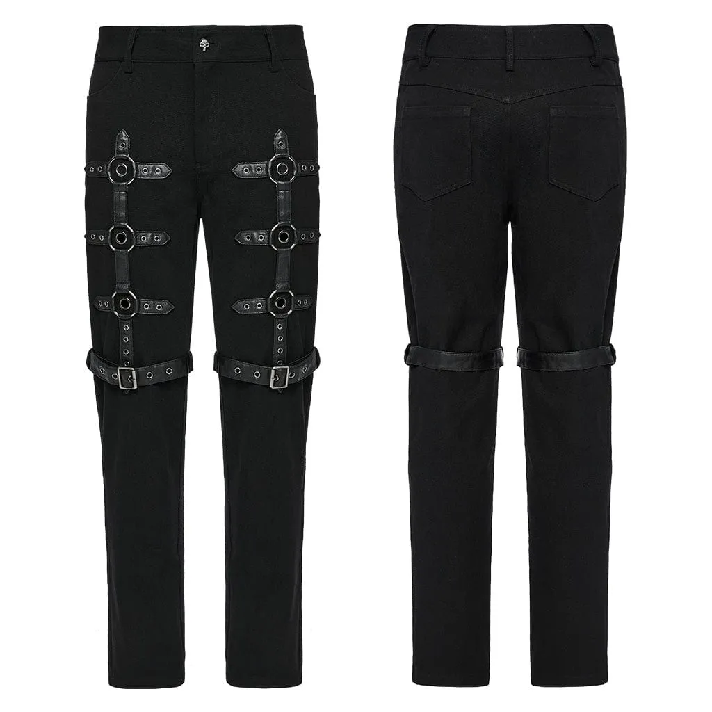 Men's Punk Buckle-up Eyelets Ring Pants