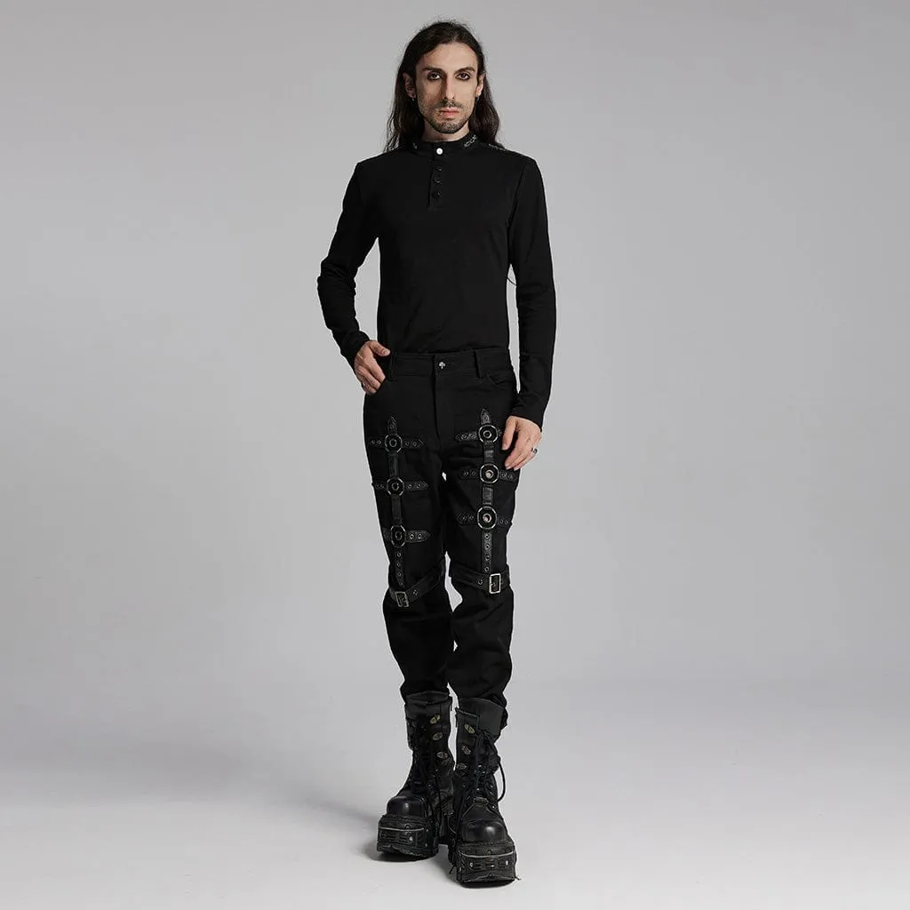 Men's Punk Buckle-up Eyelets Ring Pants