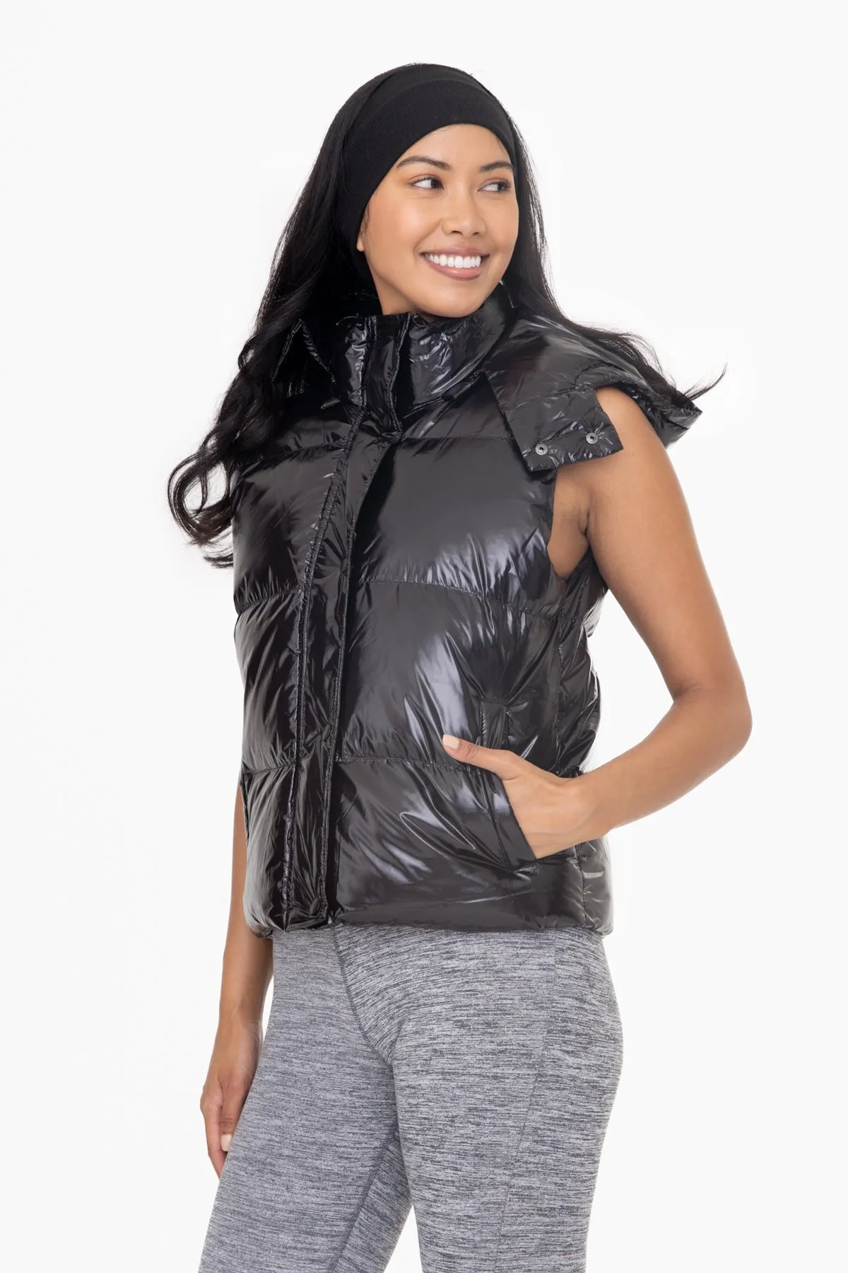 Mono B Cropped Glossy Faux Leather Hoodie Vest AJ7268