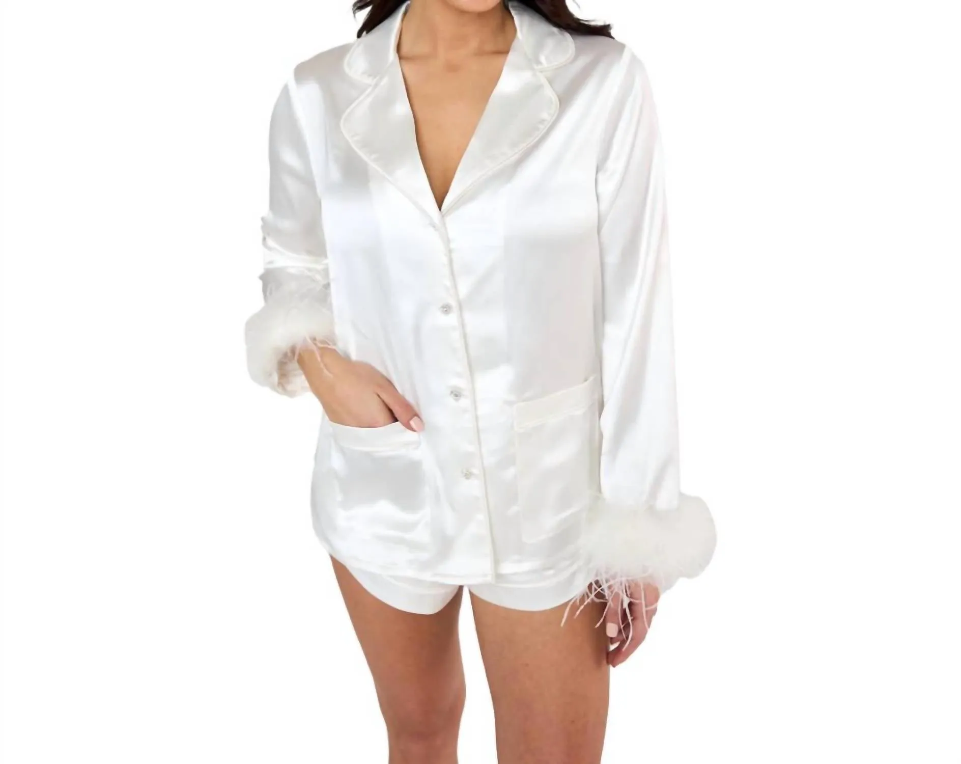 Prescott Feather Trimmed Pajama Set In White