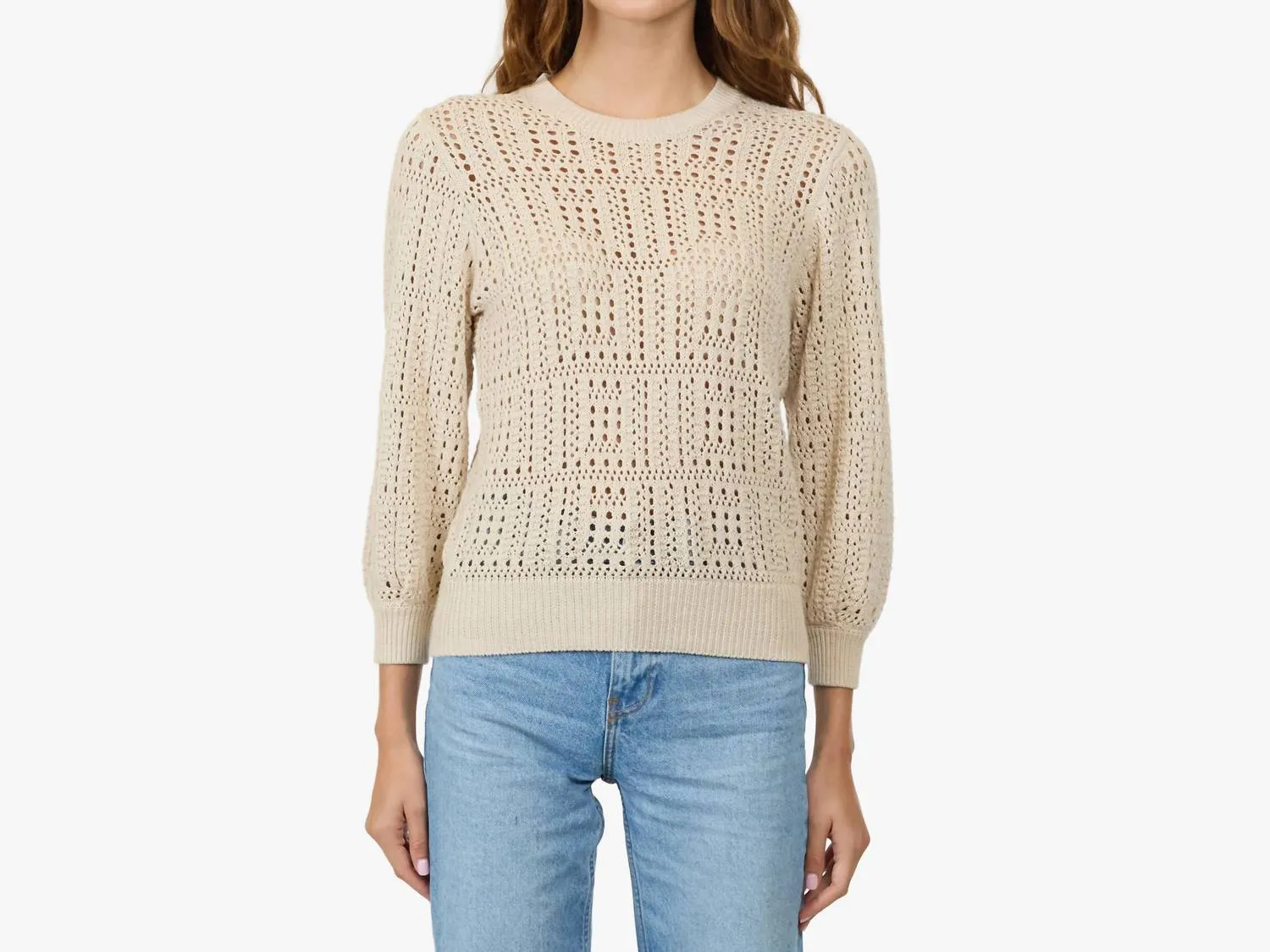 Puff Sleeve Tile Stitch Sweater In Natural