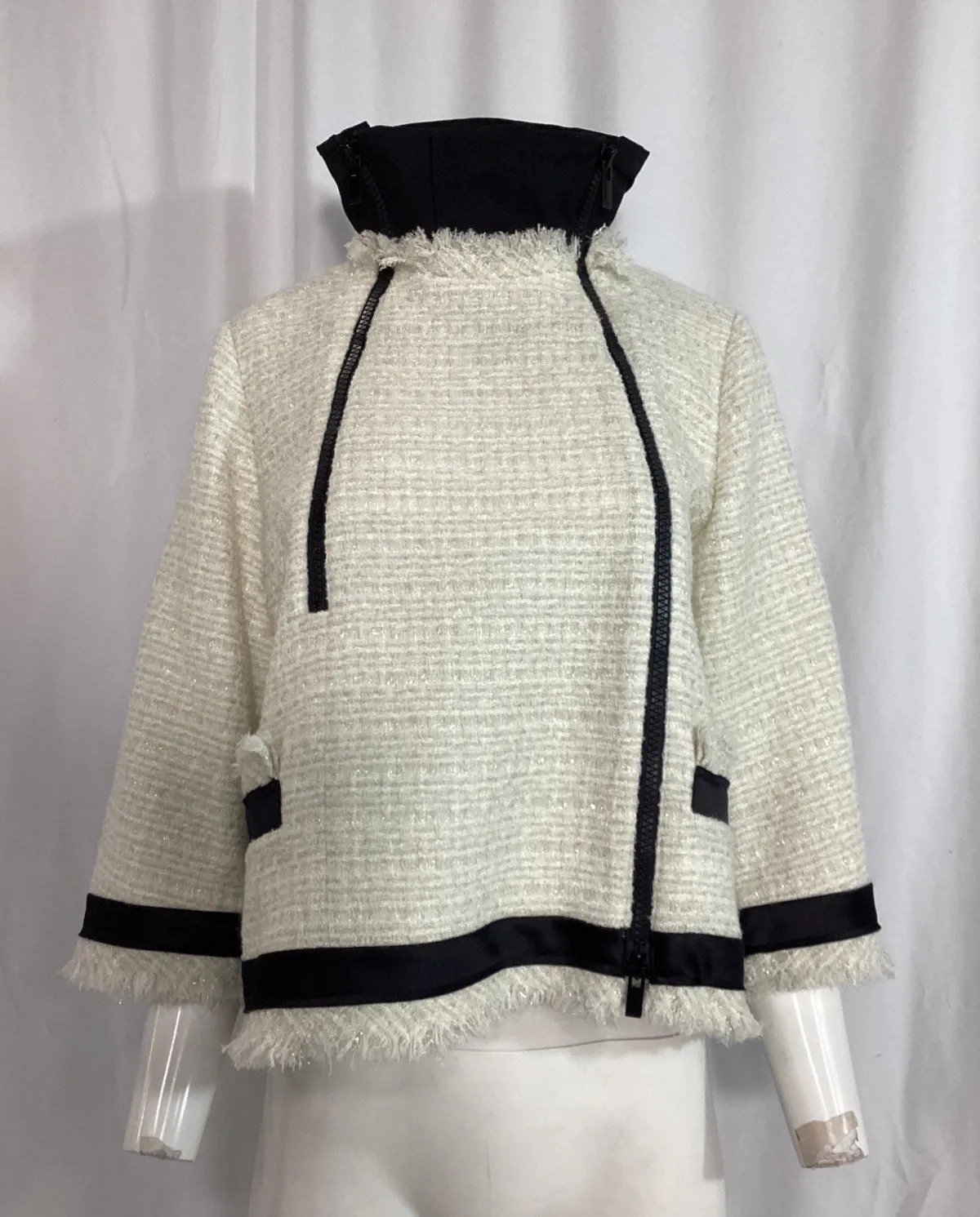 Sacai Double-Zipped Tweed Jacket in White Wool