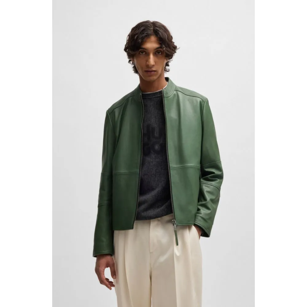 Slim-fit jacket in leather with stand collar