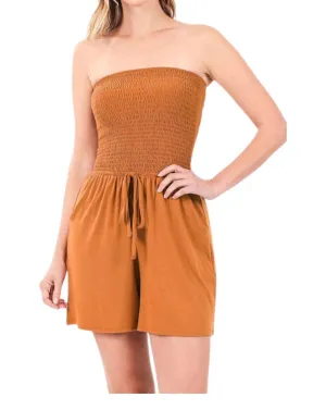 Smocked Shorts Romper In Almond
