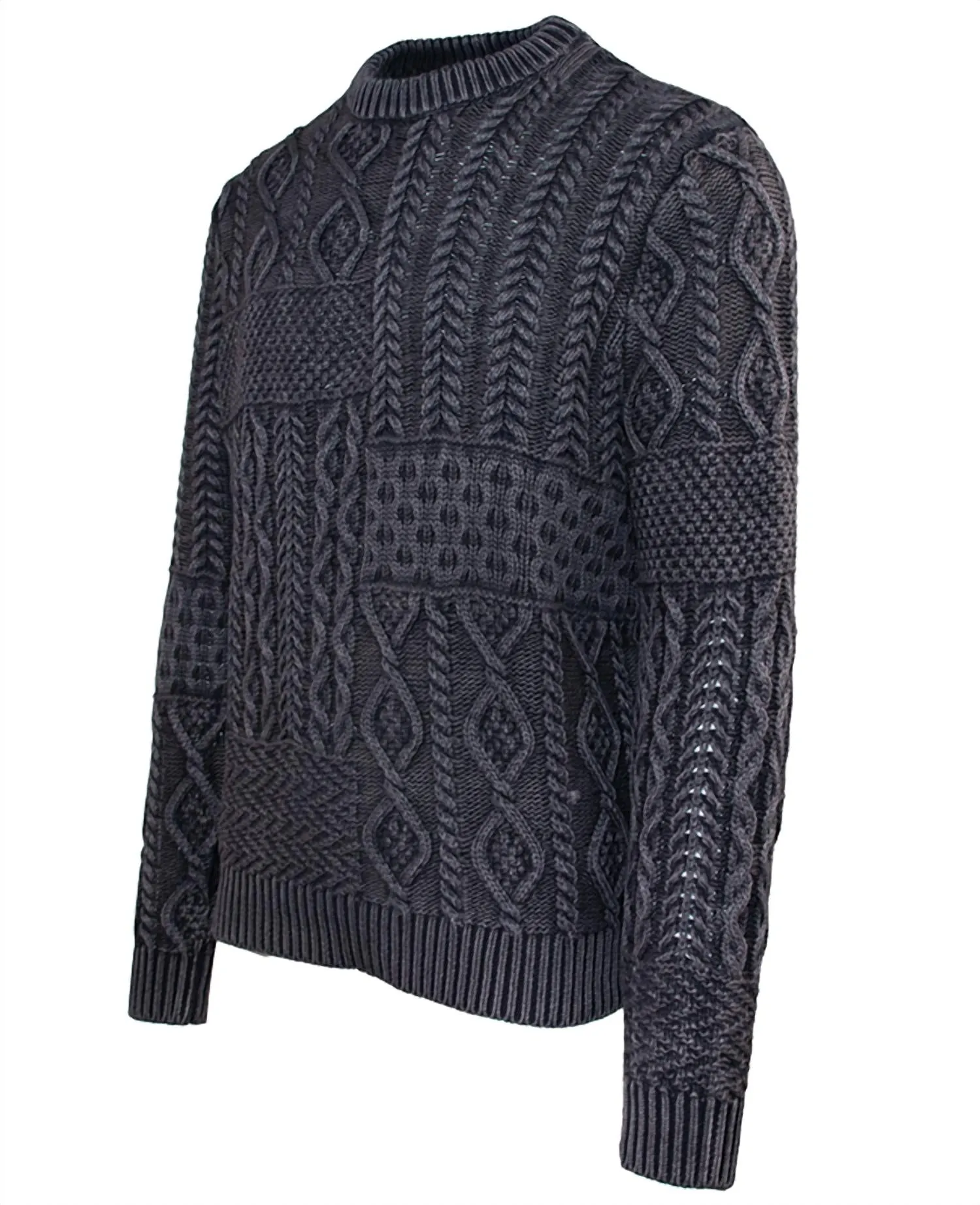 Stonewashed Cotton Patchwork Crew Sweater In Charcoal