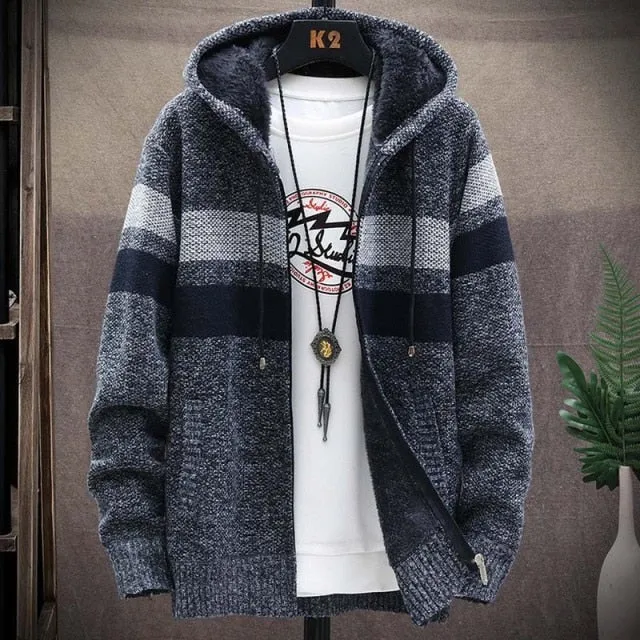 Striped Cardigan- Thick Knitted Hooded Sweaters/ Coat for Men