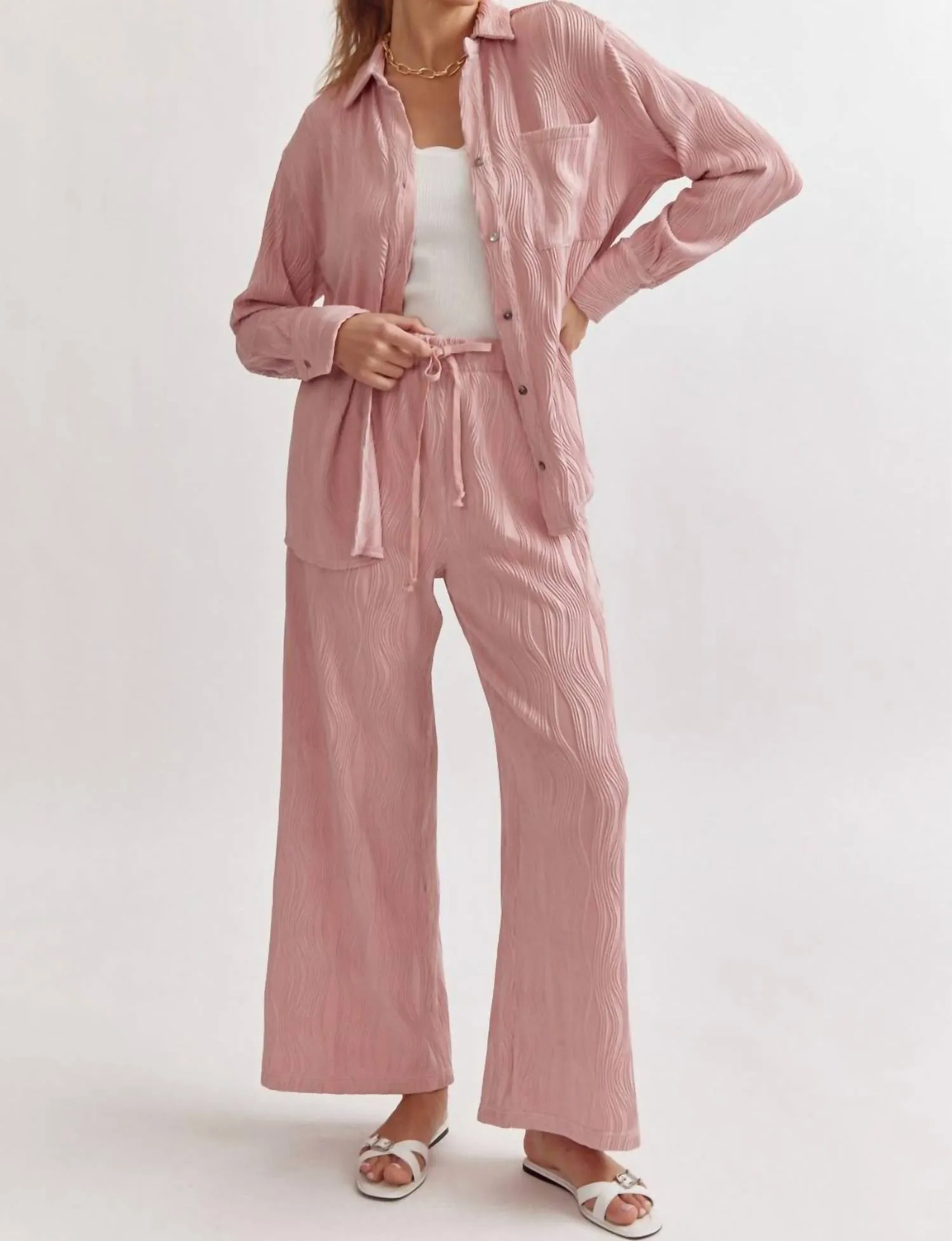 Textured Button Up Pant Set In Light Pink