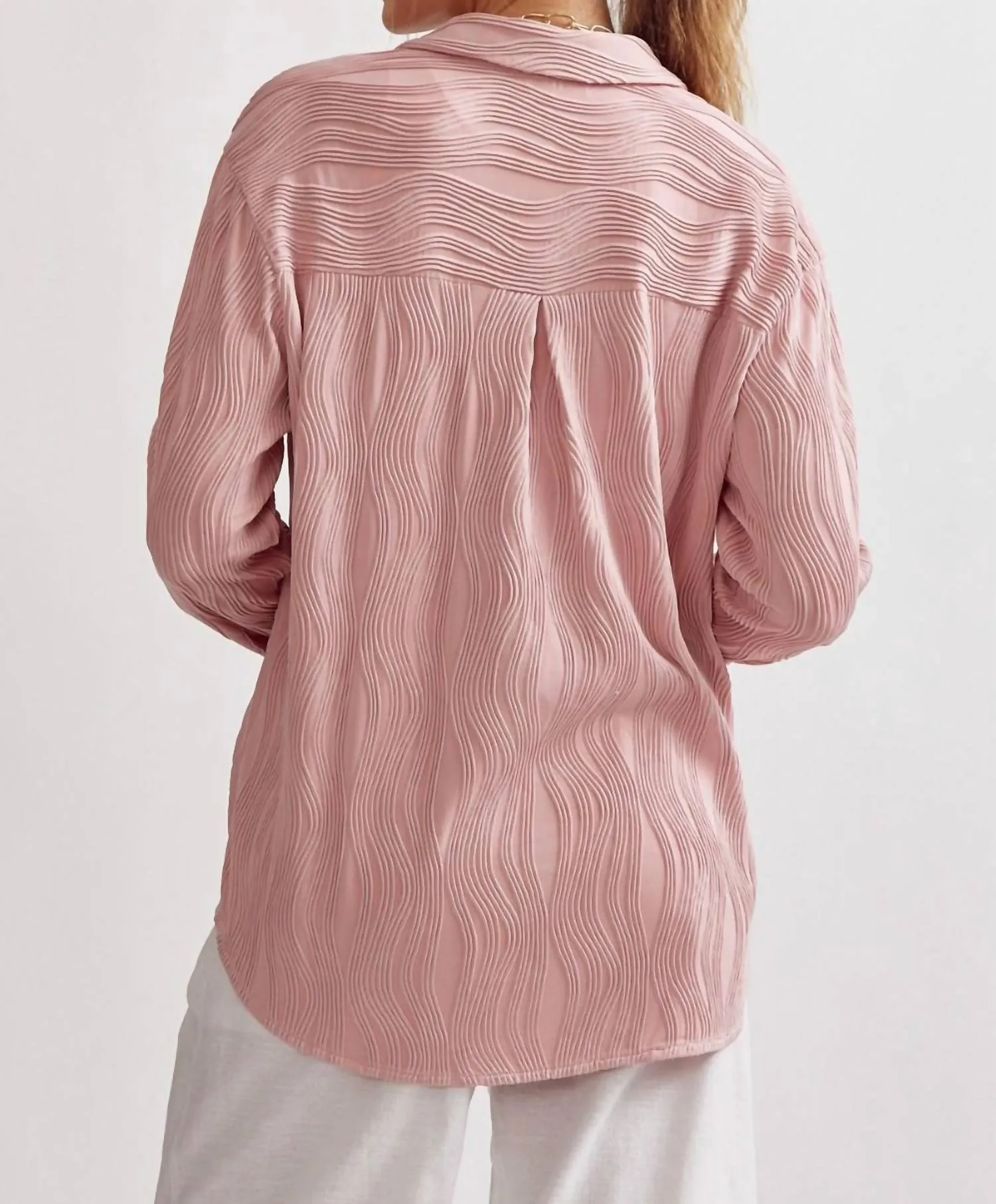 Textured Button Up Pant Set In Light Pink