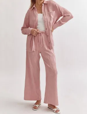 Textured Button Up Pant Set In Light Pink