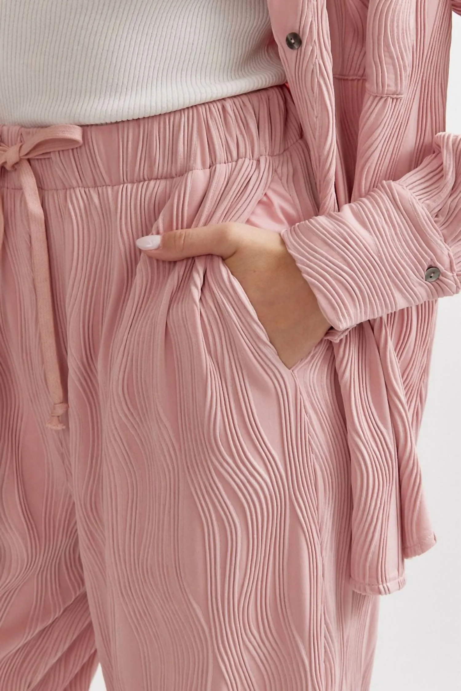 Textured Button Up Pant Set In Light Pink