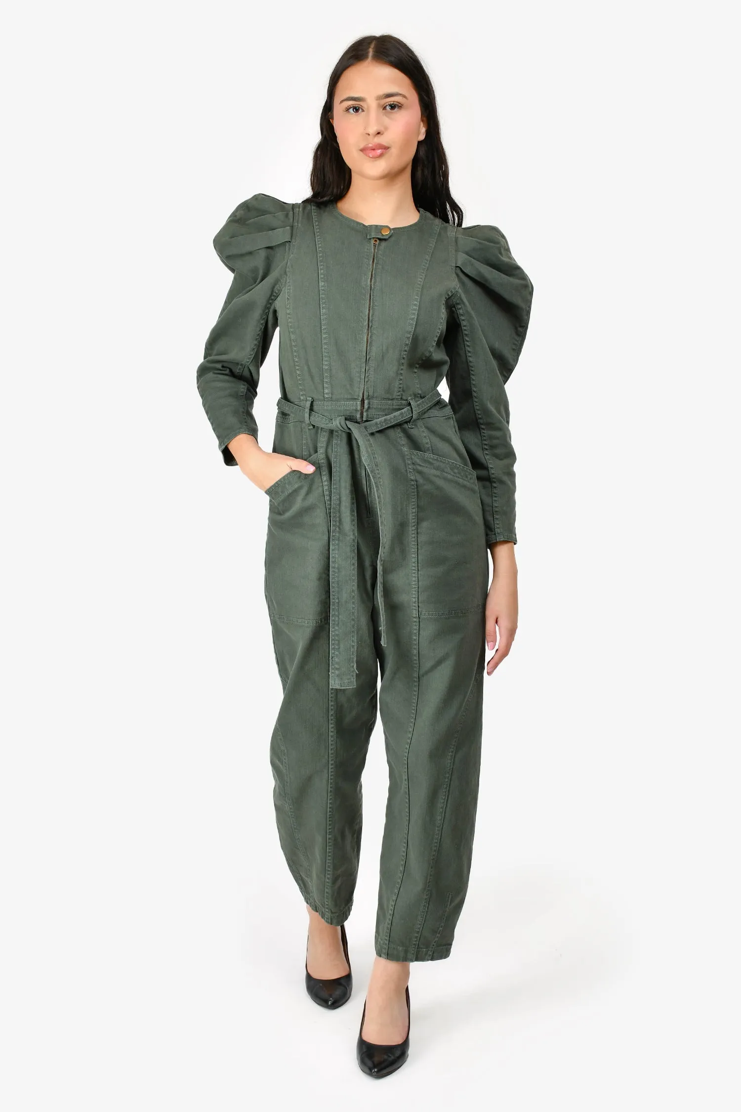 Ulla Johnson Green Denim Puff Sleeve Belted Jumpsuit Size 6