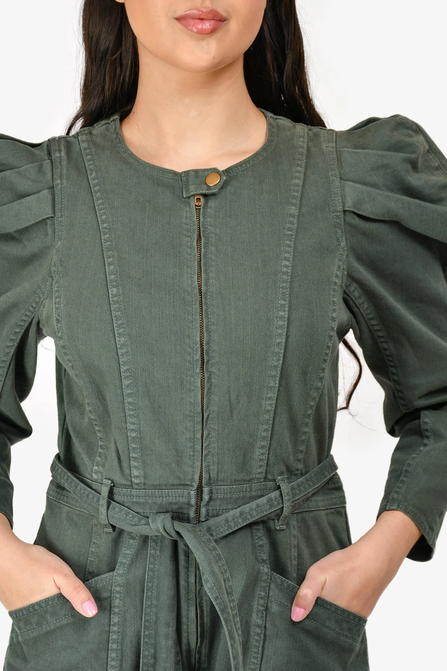 Ulla Johnson Green Denim Puff Sleeve Belted Jumpsuit Size 6