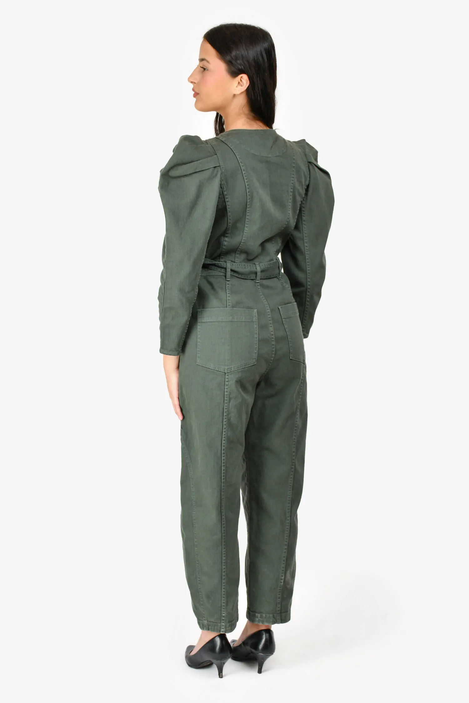 Ulla Johnson Green Denim Puff Sleeve Belted Jumpsuit Size 6