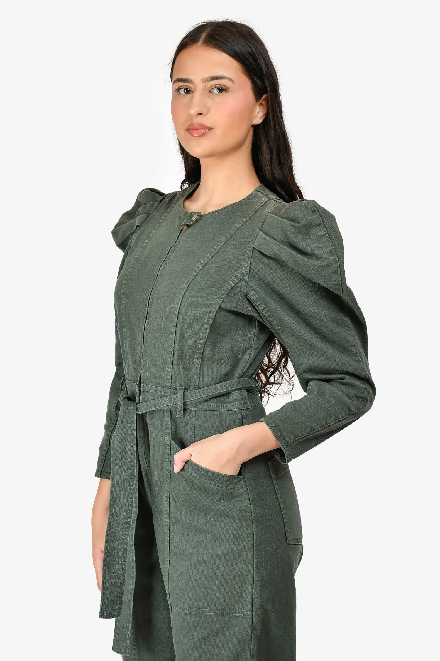 Ulla Johnson Green Denim Puff Sleeve Belted Jumpsuit Size 6