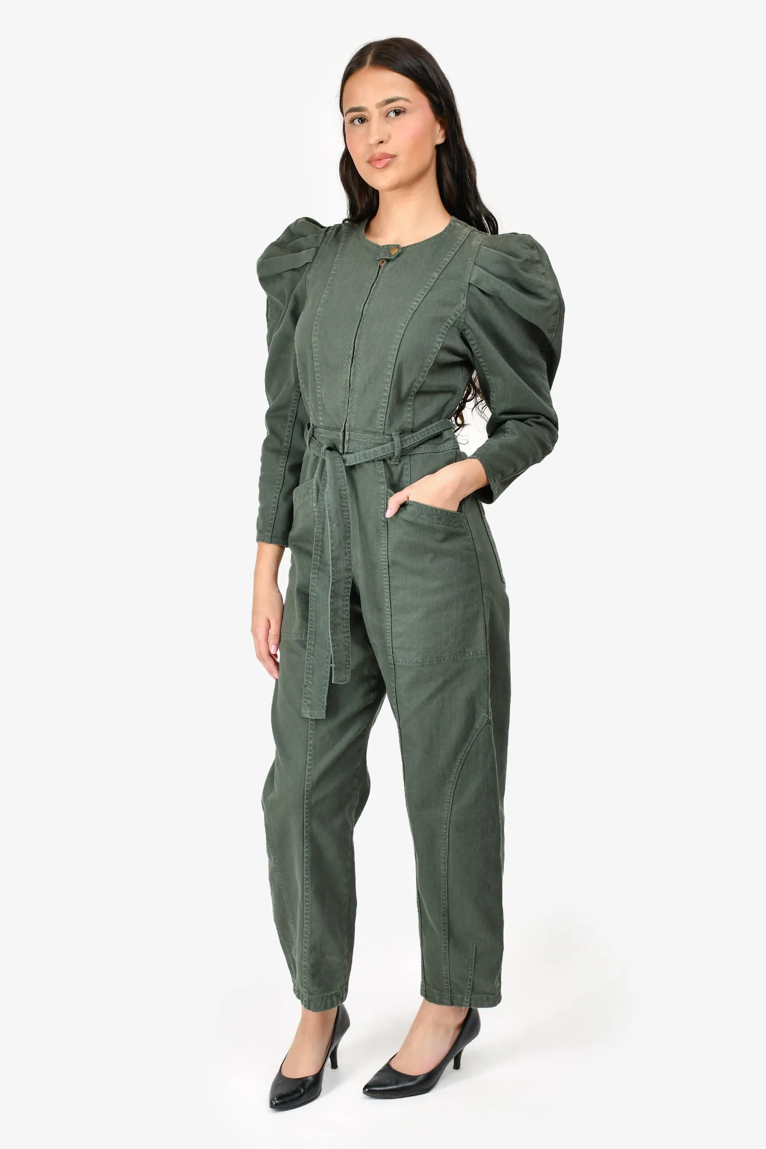 Ulla Johnson Green Denim Puff Sleeve Belted Jumpsuit Size 6