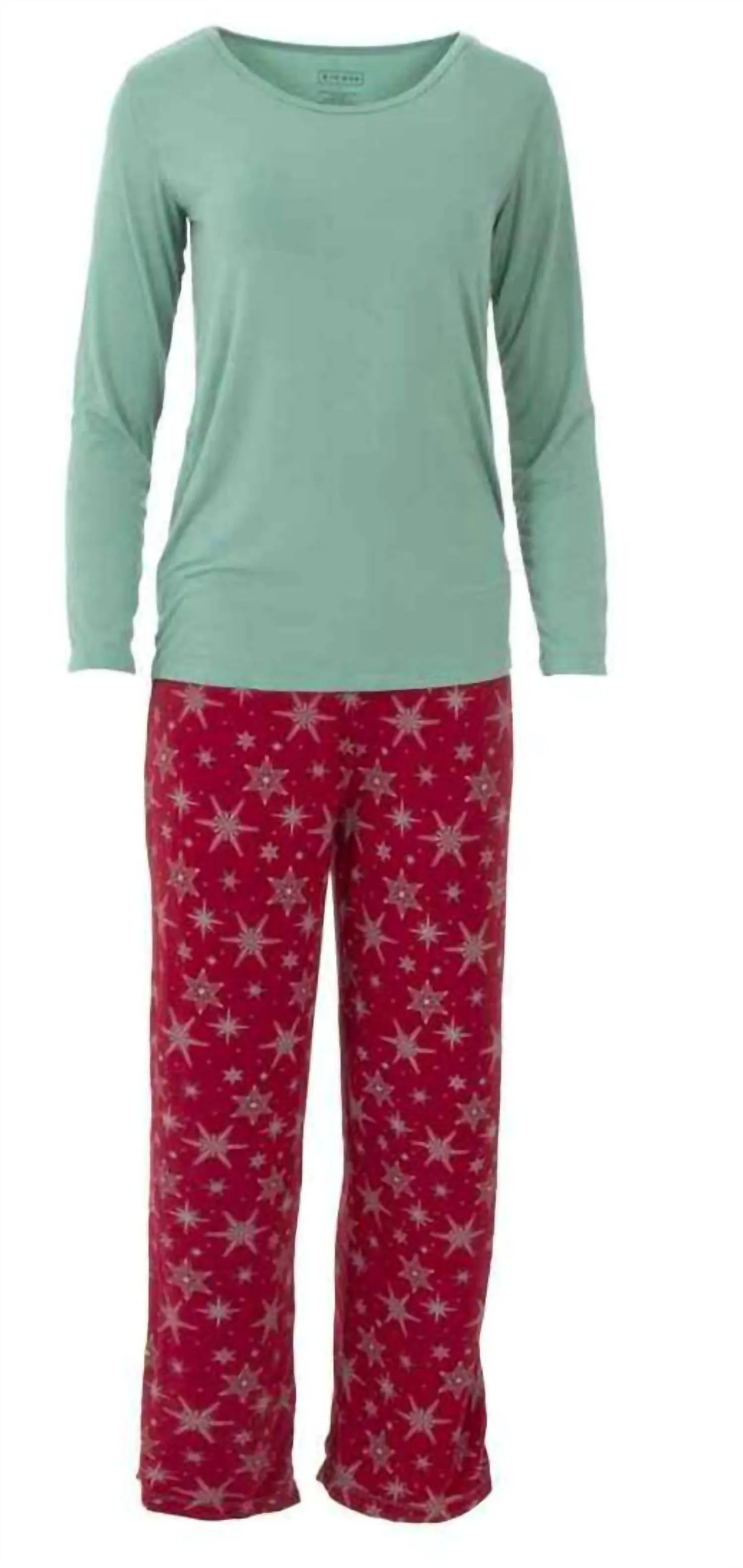 Women's Bamboo Print Long Sleeve Loosey Goosey Tee & Pajama Pants Set In Crimson Snowflakes
