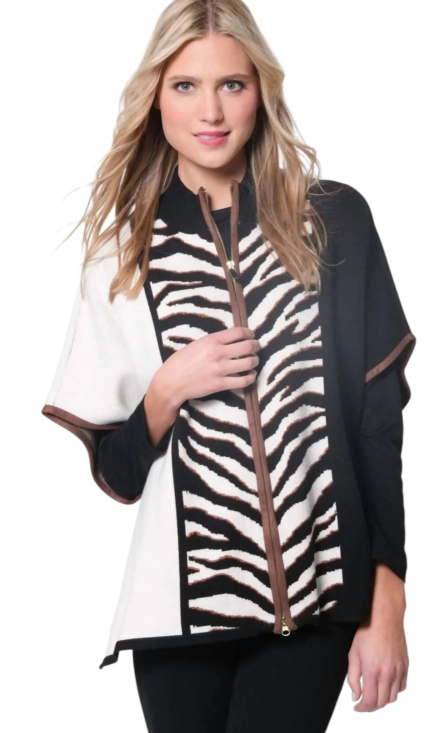 Zip Front Poncho In Multicolor